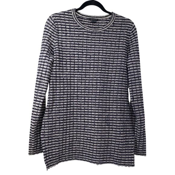 Theory Belira Evian Stretch Tunic Sweater Wool Blend Navy Ivory Stripe Large - Picture 1 of 7